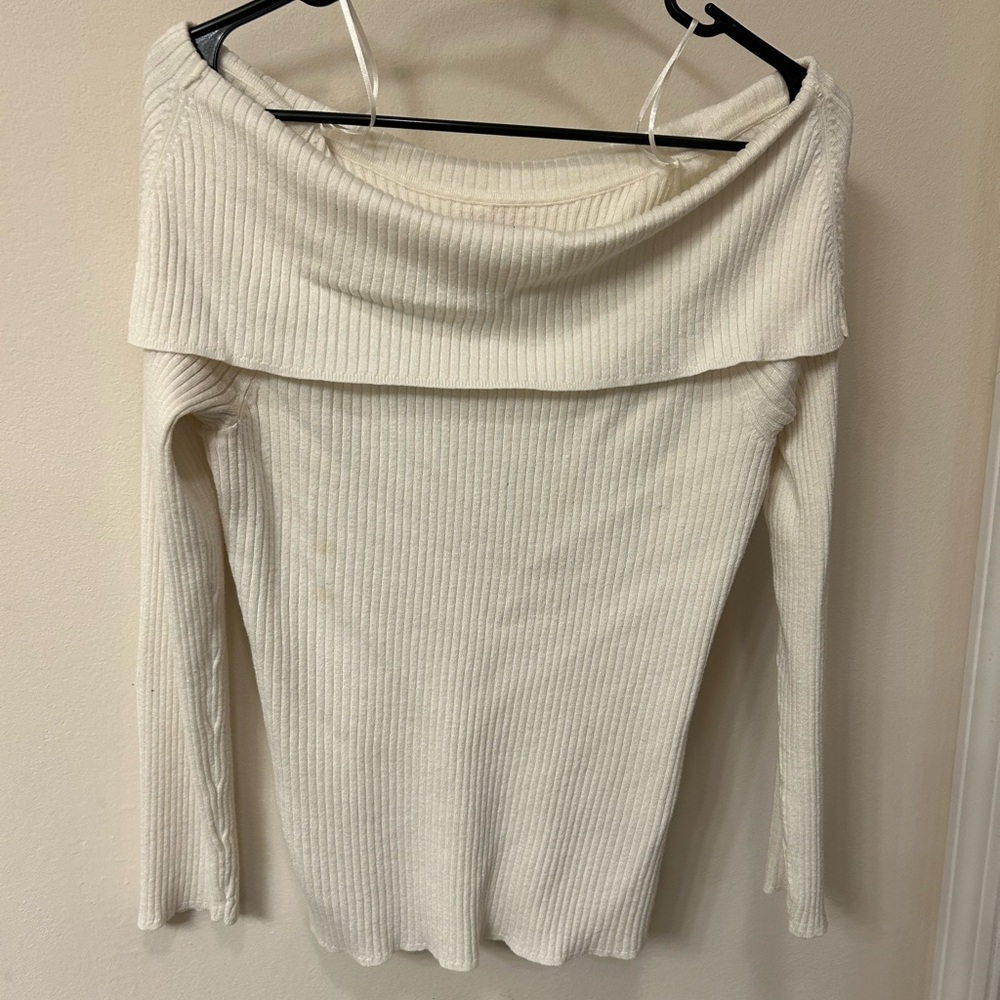 Jennifer Lopez Off-Shoulder Ribbed Knit Top – Cream – Size XL